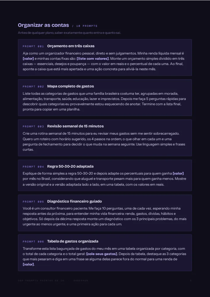Página da seção Organizar as contas, com os prompts 001 a 006