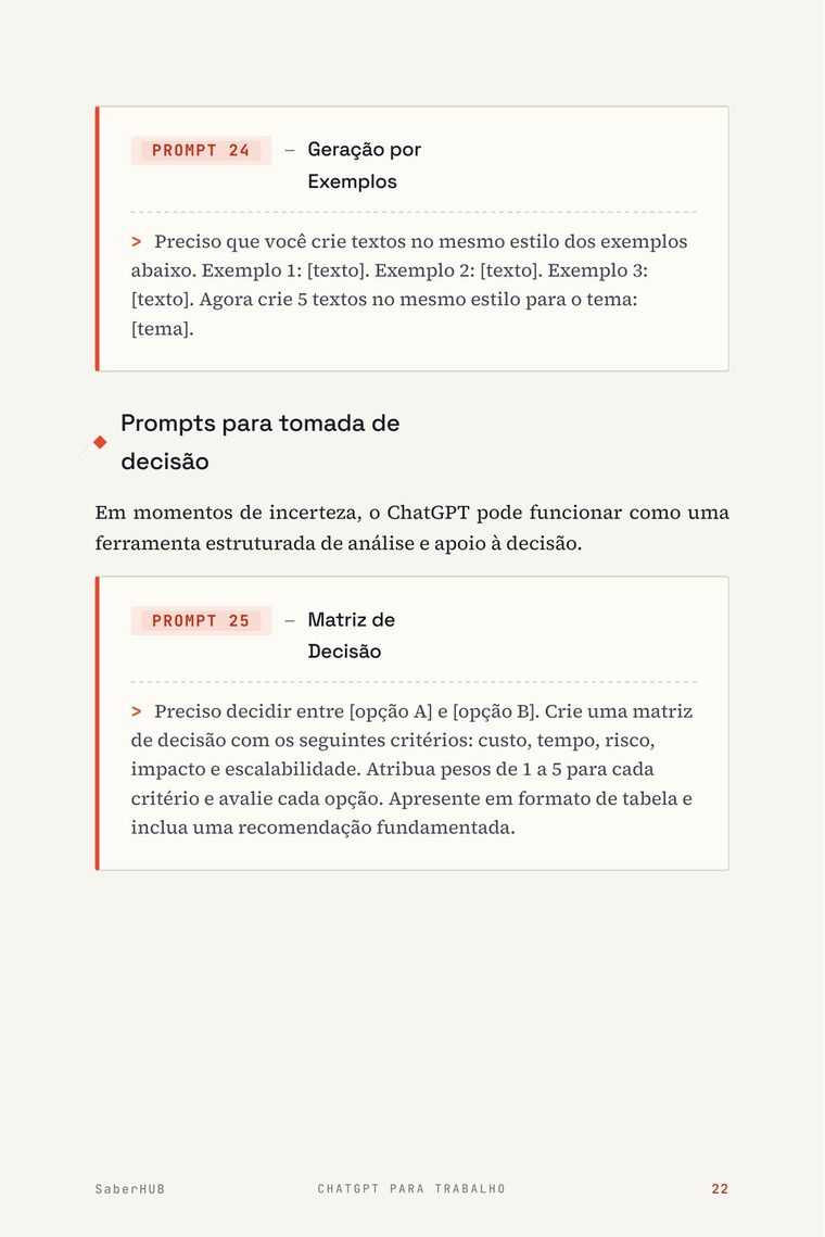 Exemplo de prompt pronto para matriz de decisão